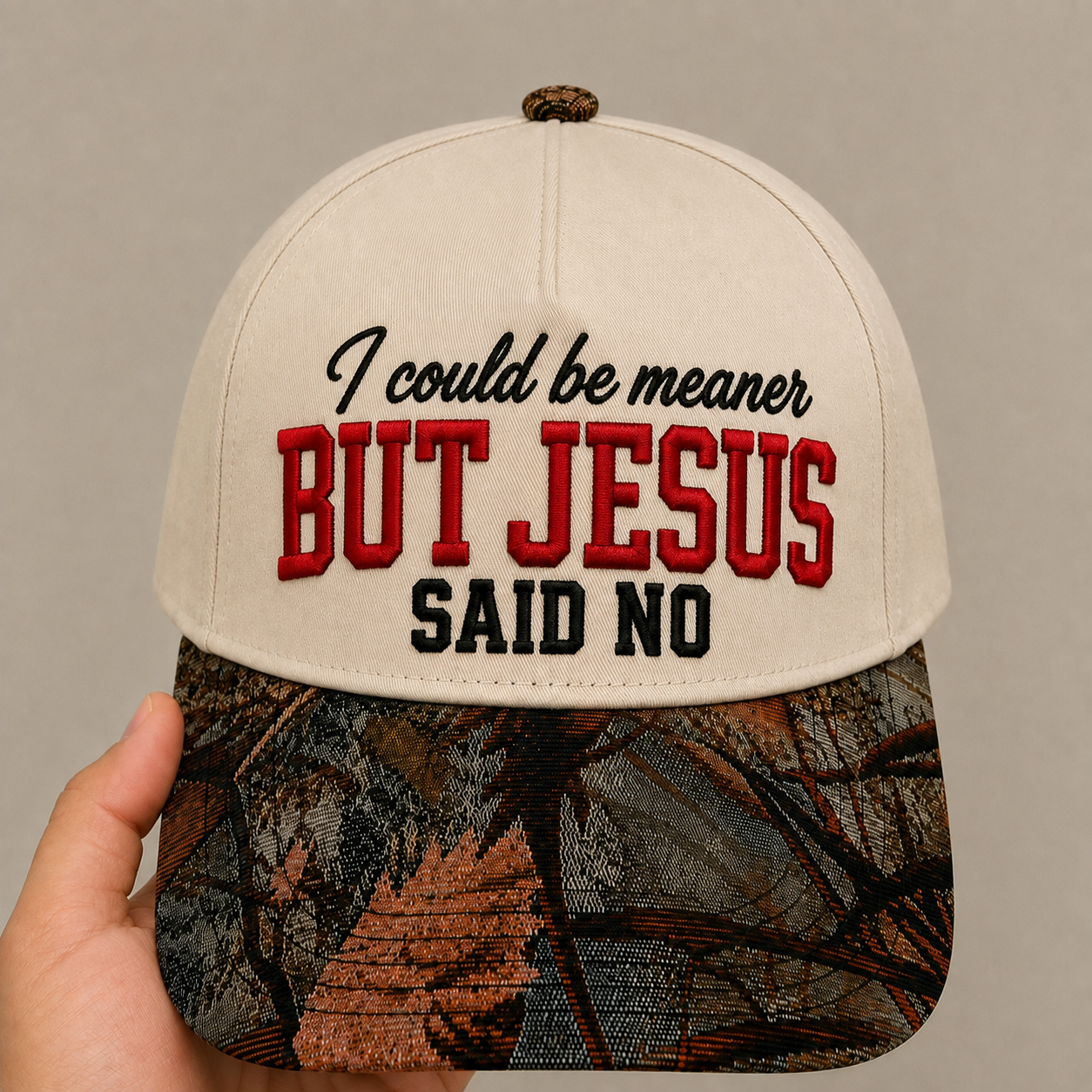 I Could Be Meaner But Jesus Said No Hat | Funny Christian Embroidered Baseball Cap | Adjustable Snapback with Floral Woven Tapestry Brim