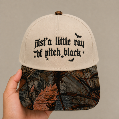 Just a Little Ray of Pitch Black Hat | Gothic Embroidered Baseball Cap | Adjustable Snapback with Woven Tapestry Brim | Emo Gift
