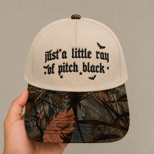 Just a Little Ray of Pitch Black Hat | Gothic Embroidered Baseball Cap | Adjustable Snapback with Woven Tapestry Brim | Emo Gift