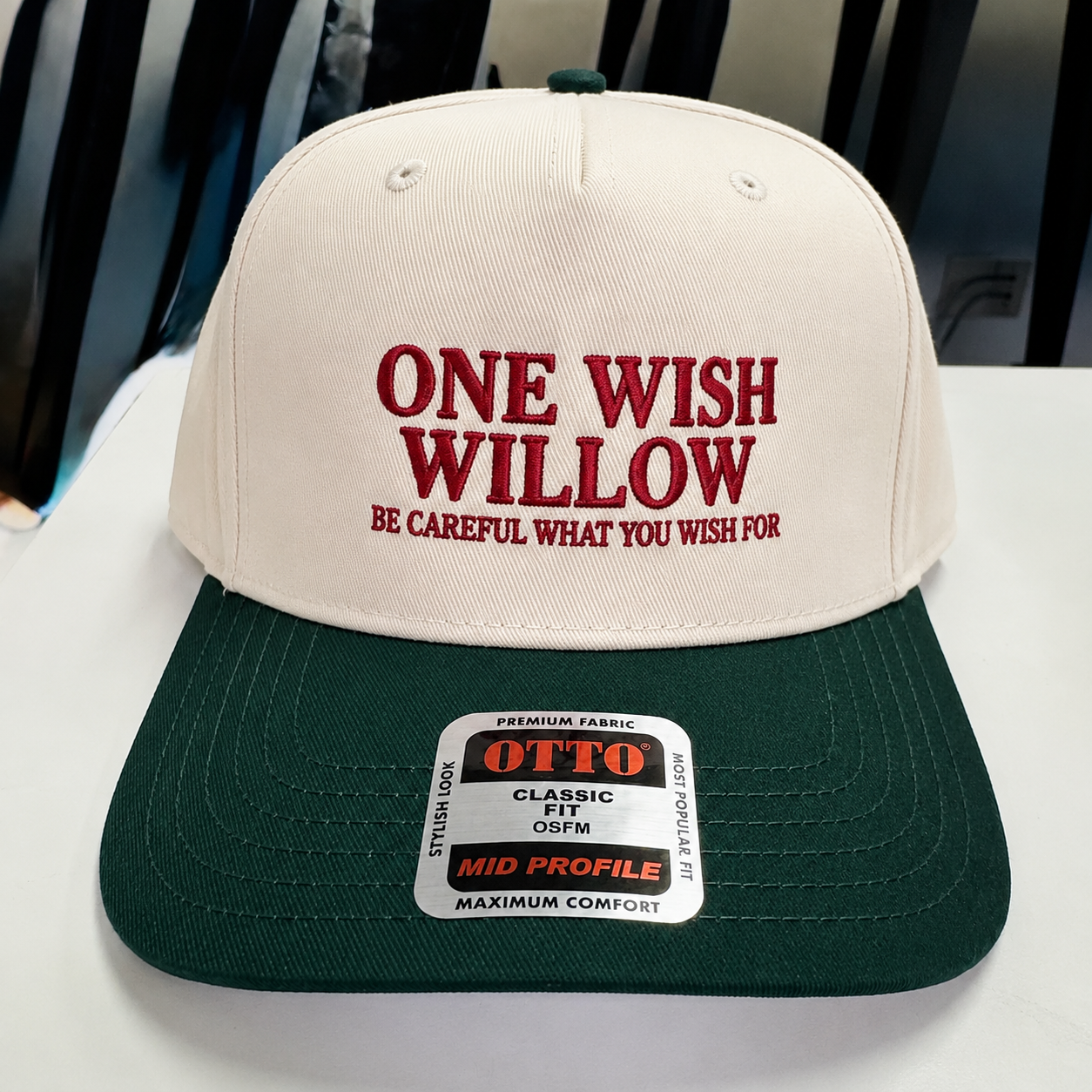 Obsession Movie Merch | One Wish Willow Be Careful What You Wish For Embroidered Hat | Thriller Film Fan Gift | Two-Tone Cream and Black Adjustable Baseball Cap