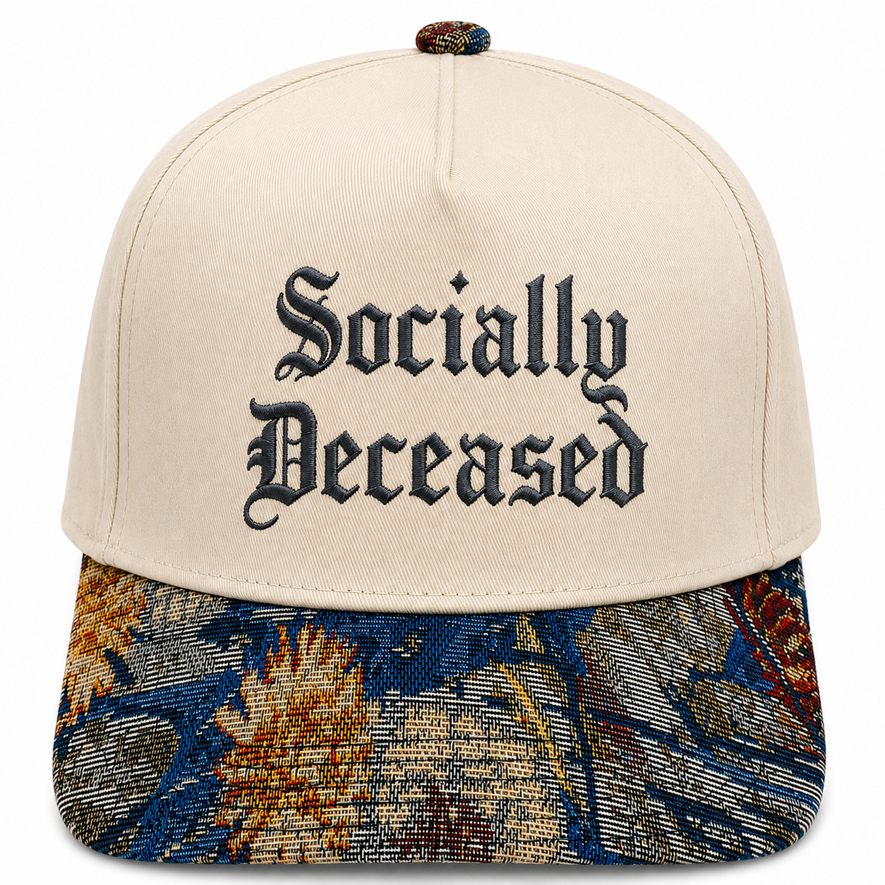 Funny Introvert Anti-Social Hat | 'Socially Deceased' Joke Baseball Cap | Adjustable Snapback with Woven Tapestry Brim | Unique Apparel Gift for Homebodies & Those with a Dark Sense of Humor