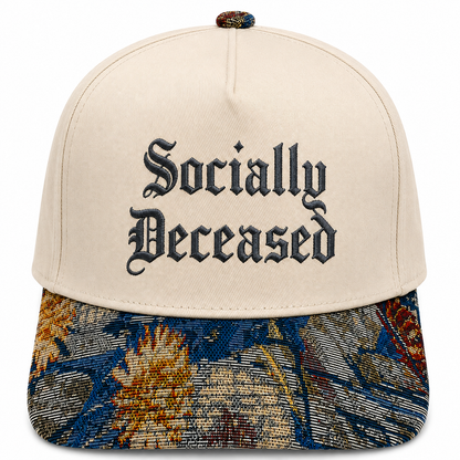 Funny Introvert Anti-Social Hat | 'Socially Deceased' Joke Baseball Cap | Adjustable Snapback with Woven Tapestry Brim | Unique Apparel Gift for Homebodies & Those with a Dark Sense of Humor