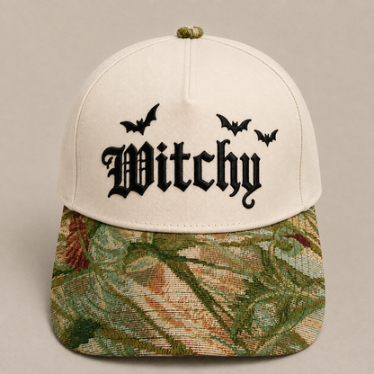 Witchy Hat | Gothic Embroidered Baseball Cap | Adjustable Snapback with Floral Woven Tapestry Brim | Spooky Halloween Witch Gift