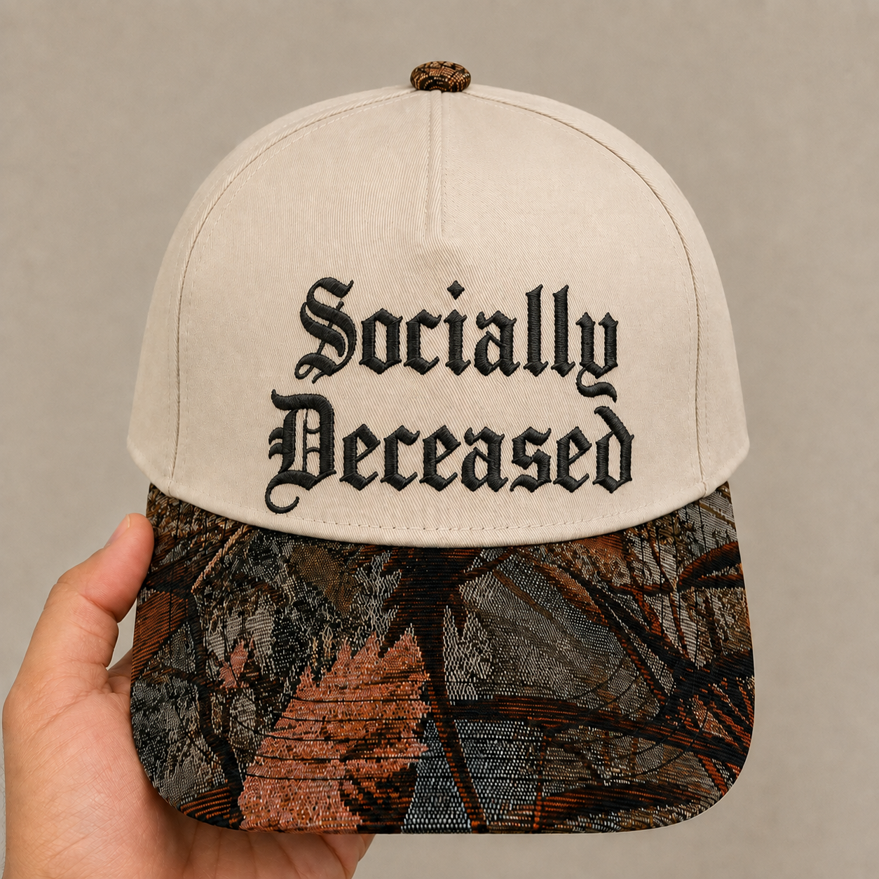 Funny Introvert Anti-Social Hat | 'Socially Deceased' Joke Baseball Cap | Adjustable Snapback with Woven Tapestry Brim | Unique Apparel Gift for Homebodies & Those with a Dark Sense of Humor