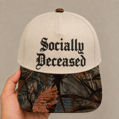 Funny Introvert Anti-Social Hat | 'Socially Deceased' Joke Baseball Cap | Adjustable Snapback with Woven Tapestry Brim | Unique Apparel Gift for Homebodies & Those with a Dark Sense of Humor