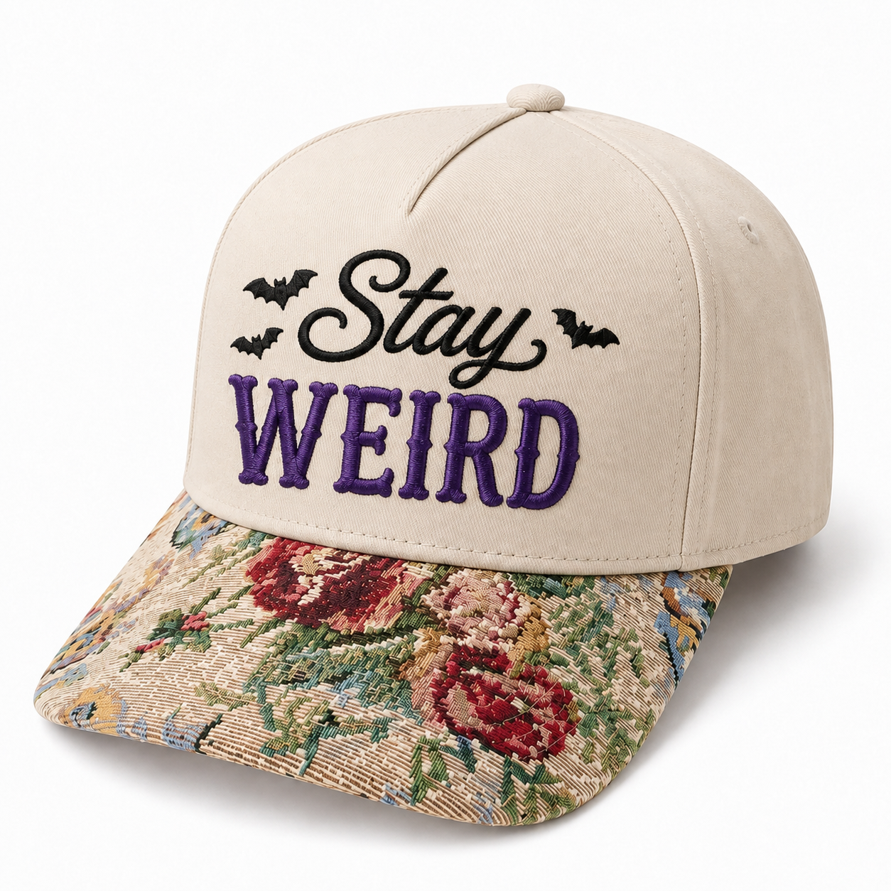Stay Weird Hat | Funny Gothic Embroidered Baseball Cap | Adjustable Snapback with Woven Tapestry Brim | Spooky Halloween Gift