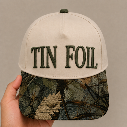 Tin Foil Hat | Funny Conspiracy Theory Embroidered Baseball Cap | Adjustable Snapback with Floral Woven Tapestry Brim | Novelty Gift