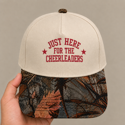 Just Here for the Cheerleaders Embroidered Hat | Funny Cheer Mom Game Day Cap | Vintage Tapestry Brim Snapback