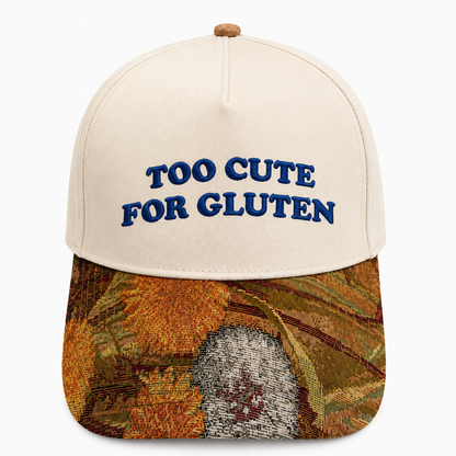 Too Cute for Gluten Hat | Funny Gluten Free Embroidered Baseball Cap | Adjustable Snapback with Woven Tapestry Brim | Celiac Gift