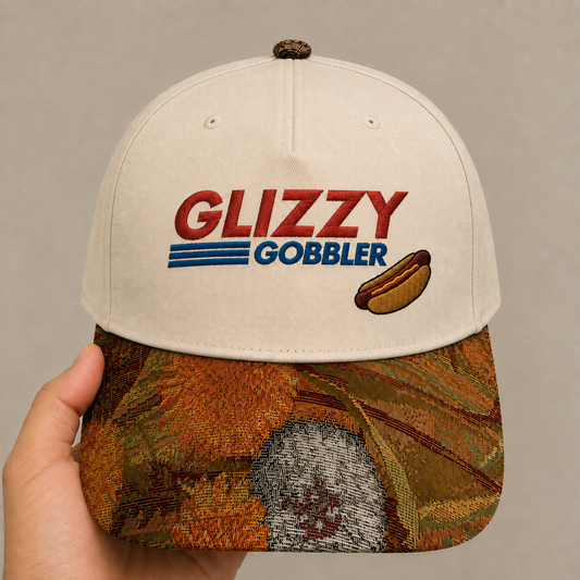 Funny 'Glizzy Gobbler' Hot Dog Embroidered Baseball Cap - Unique Tapestry Woven Floral Brim Hat - Humorous Witty Statement Headwear for Men & Women