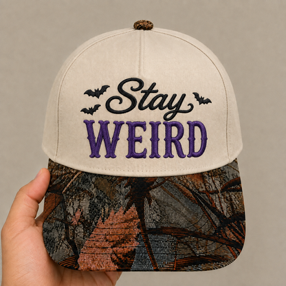 Stay Weird Hat | Funny Gothic Embroidered Baseball Cap | Adjustable Snapback with Woven Tapestry Brim | Spooky Halloween Gift