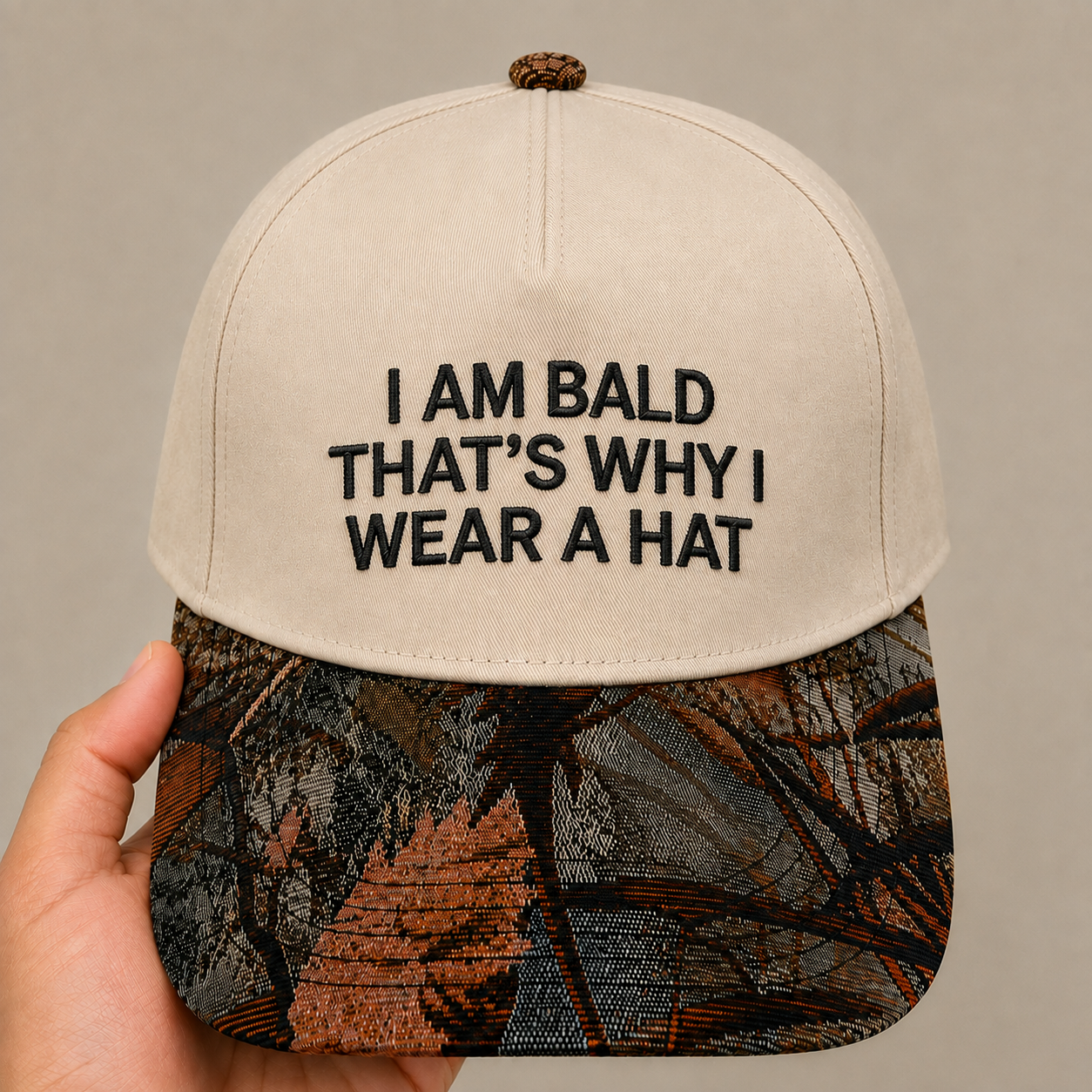 I Am Bald That's Why I Wear a Hat | Funny Bald Guy Embroidered Baseball Cap | Adjustable Snapback with Woven Tapestry Brim