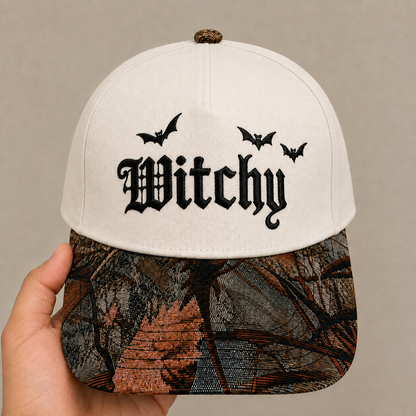 Witchy Hat | Gothic Embroidered Baseball Cap | Adjustable Snapback with Floral Woven Tapestry Brim | Spooky Halloween Witch Gift