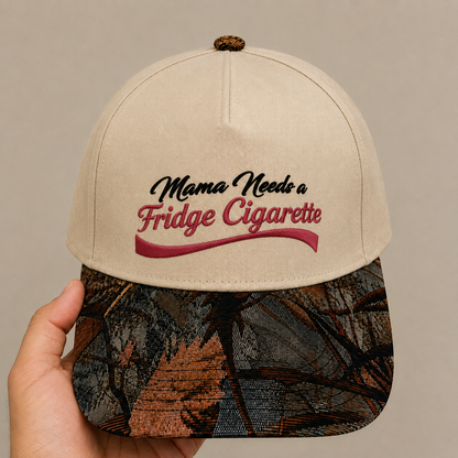 Mama Needs a Fridge Cigarette Hat | Funny Mom Embroidered Baseball Cap | Adjustable Snapback with Floral Woven Tapestry Brim