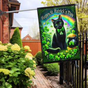 Black Cat St Patrick’s Day Flag, Irish Shamrock Rainbow Outdoor House Decor