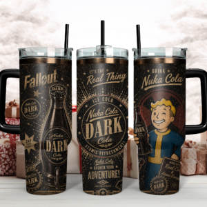 Fallout Nuka-Cola Dark Retro Tumbler 40oz With Handle – Vault Boy Gaming Travel Mug, Edge-to-Edge Printed Stainless Steel Cup
