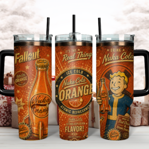 Fallout Nuka-Cola Orange Retro Tumbler 40oz With Handle – Vault Boy Gaming Travel Mug, Edge-to-Edge Printed Stainless Steel Cup