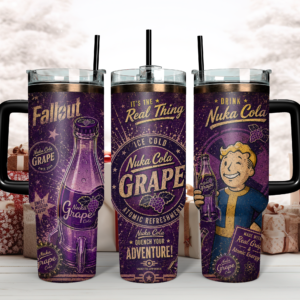 Fallout Nuka-Cola Grape Retro Tumbler 40oz With Handle – Vault Boy Gaming Travel Mug, Edge-to-Edge Printed Stainless Steel Cup